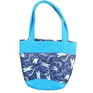 Teal Navy Quilted Purse Tote Bag Dragonfly Stars Print Four Pockets Sparkle